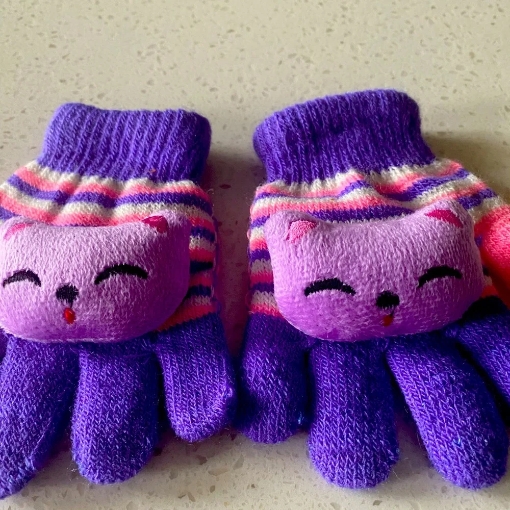 Adorable Girl’s Gloves 18 mo - 3 year old, Purple, Pink striped w sewn plush C…
